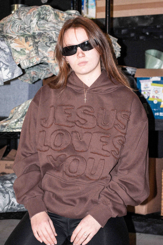 Jesus Loves You brown stitched hoodie by Forty-Six Ten