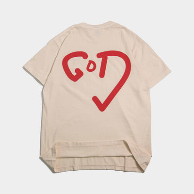 God Heart Tee — cream tee with red GoD heart logo on back