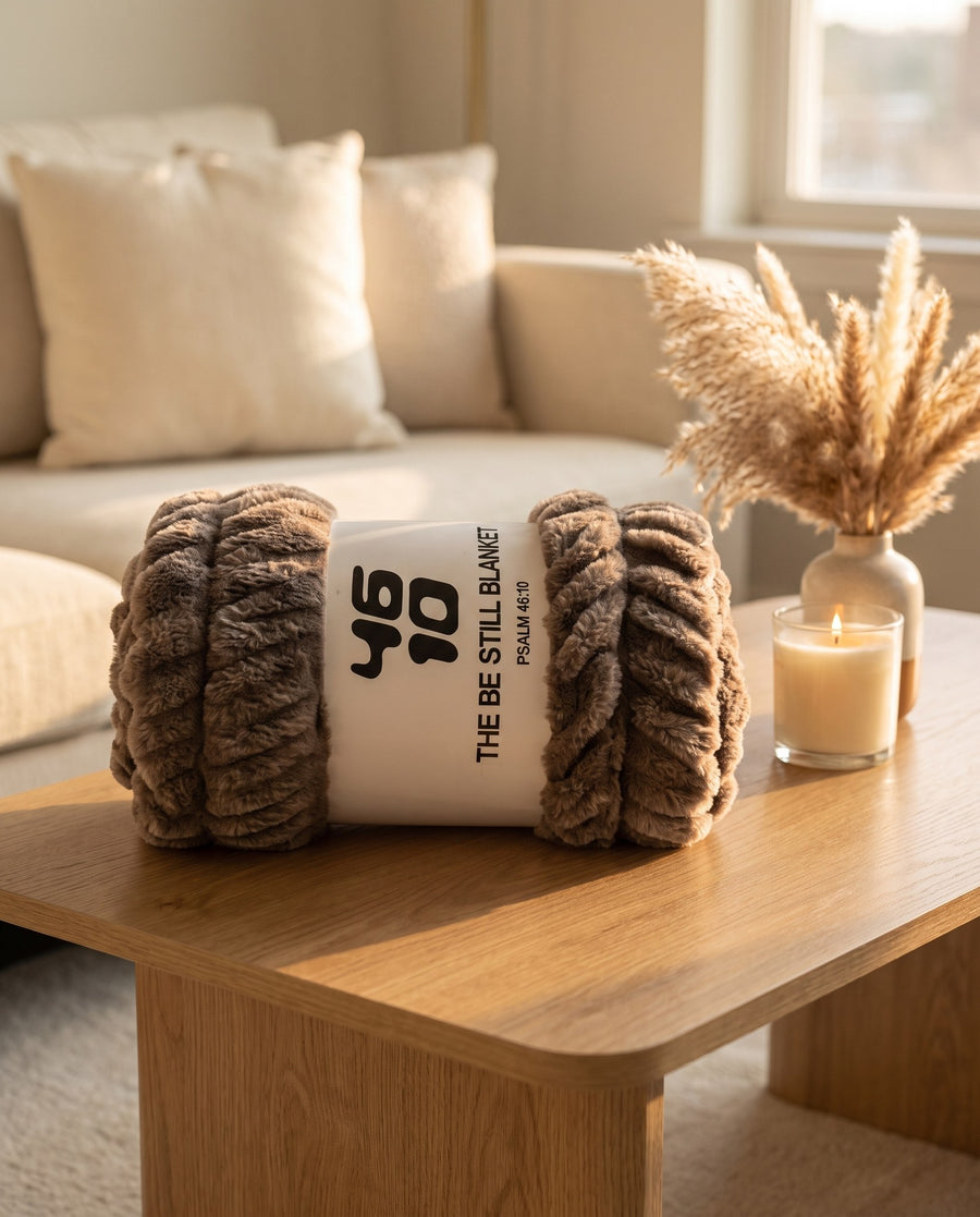 The Be Still Blanket rolled in its paper band on a wooden coffee table in warm evening light