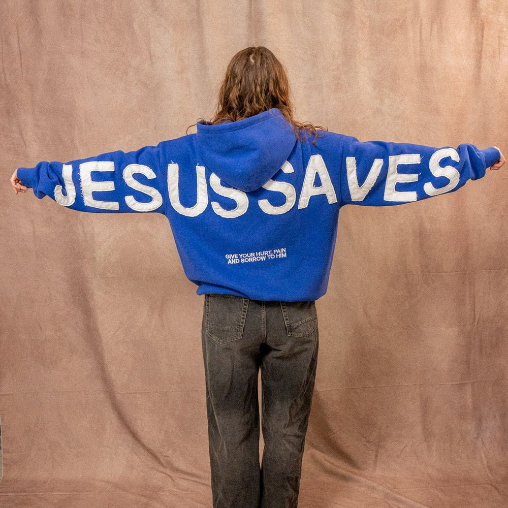 Jesus Series zip-up patchwork hoodie, Christian streetwear by Forty-Six Ten