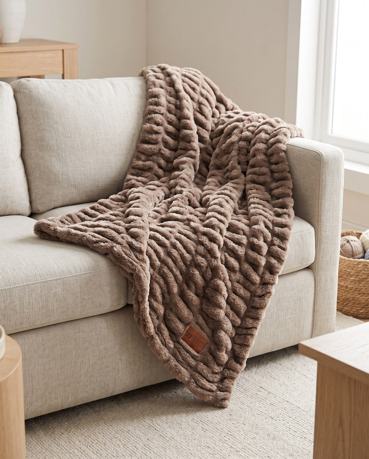 Be Still Cozy Throw Blanket in mocha faux fur draped across a linen sofa, with its leather Psalm 46:10 patch
