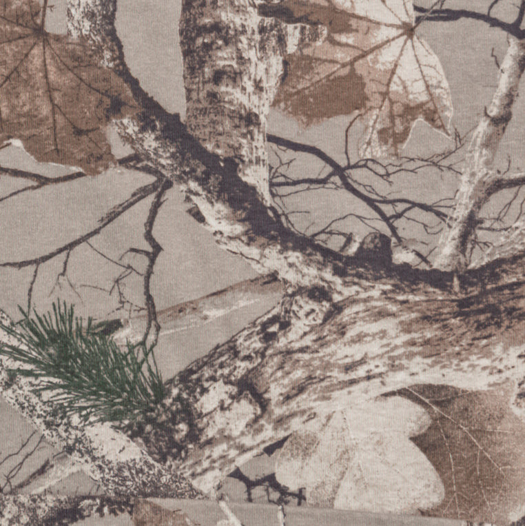 Brown camouflage fabric with tree branches, leaves, and pine needles pattern