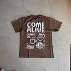 Brown oversized t-shirt with 'Come Alive Coffee Co.' and coffee-themed graphics on back