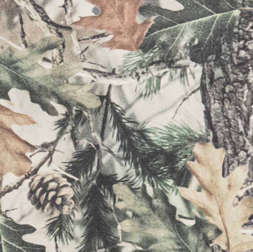 Green camo fabric close-up with leaves, pine needles, pine cone, and tree bark pattern