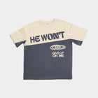 Two-tone Christian streetwear t-shirt with 'He Won't Give Up On Me' inspirational text.