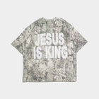 Camo heavy tee with bold white JESUS IS KING text on the back, Christian faith apparel