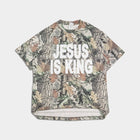 Camo t-shirt with 'Jesus Is King' text in bold white letters on front