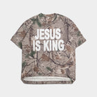 Camo print t-shirt with bold white JESUS IS KING text, Christian faith apparel