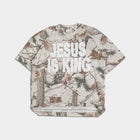 Camo t-shirt with 'Jesus Is King' in bold white letters, Christian faith apparel