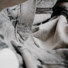 Close-up of gray camo heavy t-shirt collar with textured stitching detail
