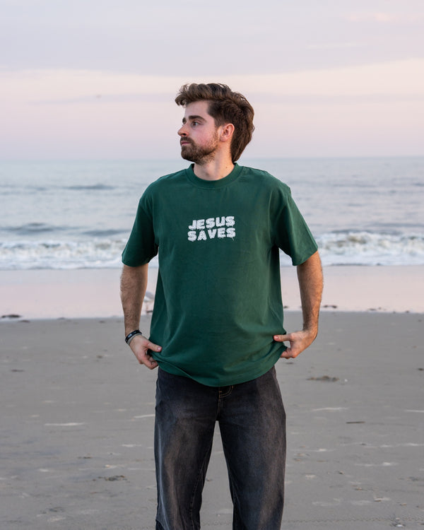 Jesus Saves Green Christian Patchwork Tee