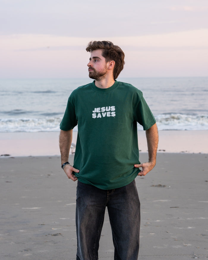 Jesus Saves Green Christian Patchwork Tee