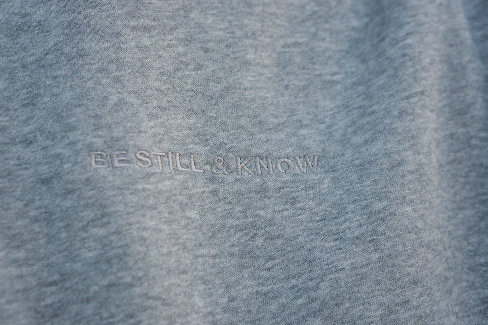 Heather Gray (BE STILL & KNOW): BE STILL AND KNOW embroidered tone on tone, Brett is 6'1" wearing size M
