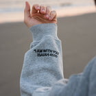 Heather Gray (BE STILL & KNOW) | I AM WITH YOU Isaiah 41:10 sleeve embroidery in black, Brett is 6'1" wearing size M