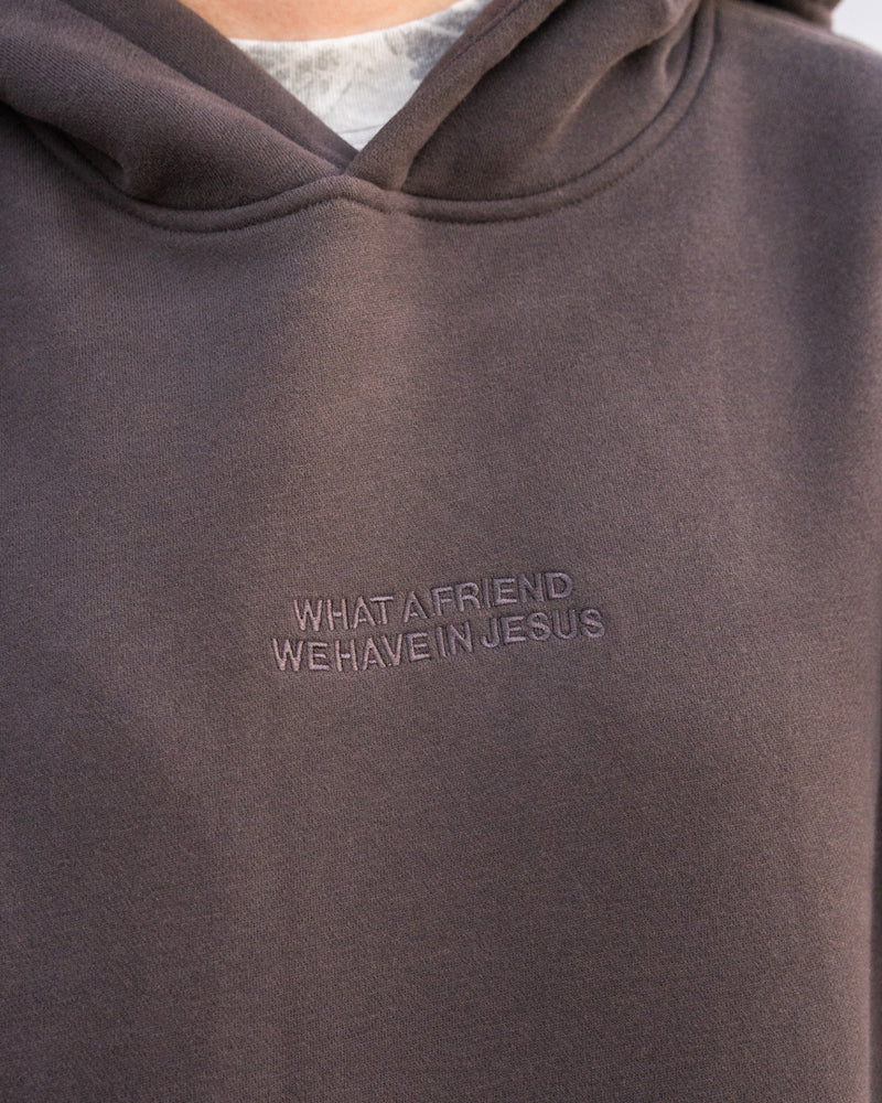 WHAT A FRIEND WE HAVE IN JESUS embroidered tone on tone on the Dark Gray hoodie