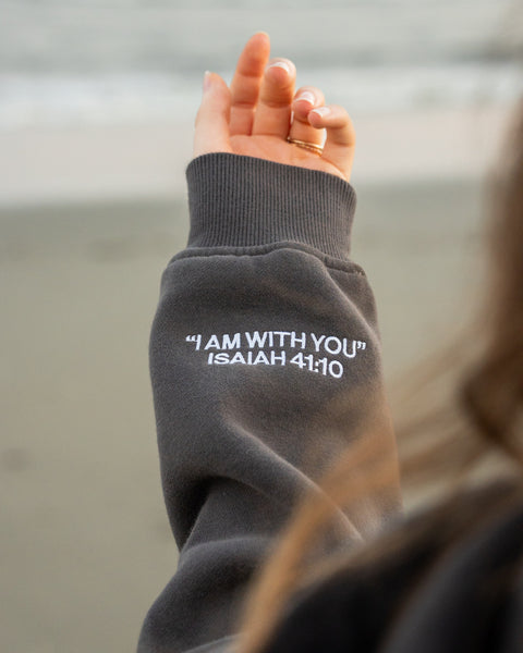 Dark Gray | I AM WITH YOU Isaiah 41:10 sleeve embroidery in white, MJ is 5'9" wearing size L