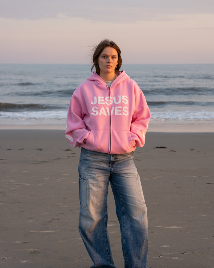Jesus Saves Patchwork Zip-Up Christian Hoodie