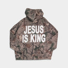 Camo hoodie with large white JESUS IS KING text on back, Christian faith apparel
