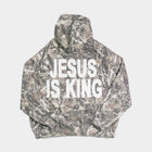 Camo hoodie with bold white 'JESUS IS KING' text on back, Christian faith apparel