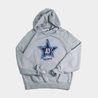 Gray hoodie with denim star patch and 'JLY Jesus Loves You' text on front