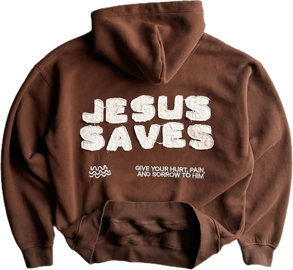 Jesus Saves Patchwork Hoodie in Brown