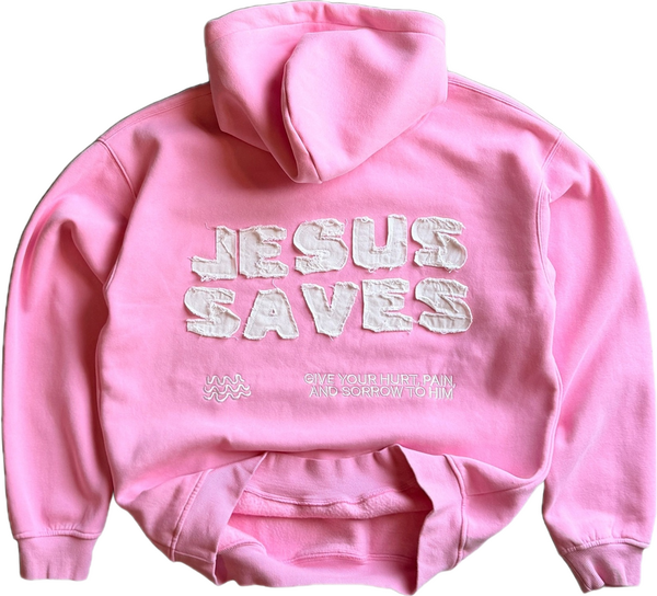 Jesus Saves Patchwork Hoodie in Pink