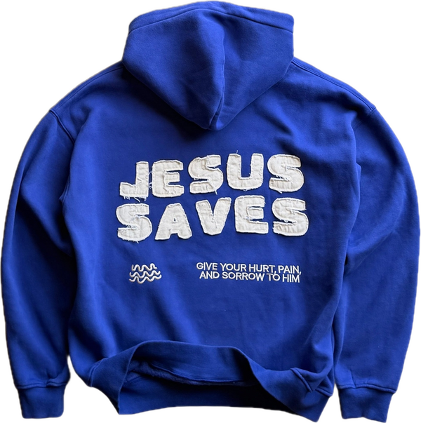 Jesus Saves Patchwork Hoodie in Royal Blue