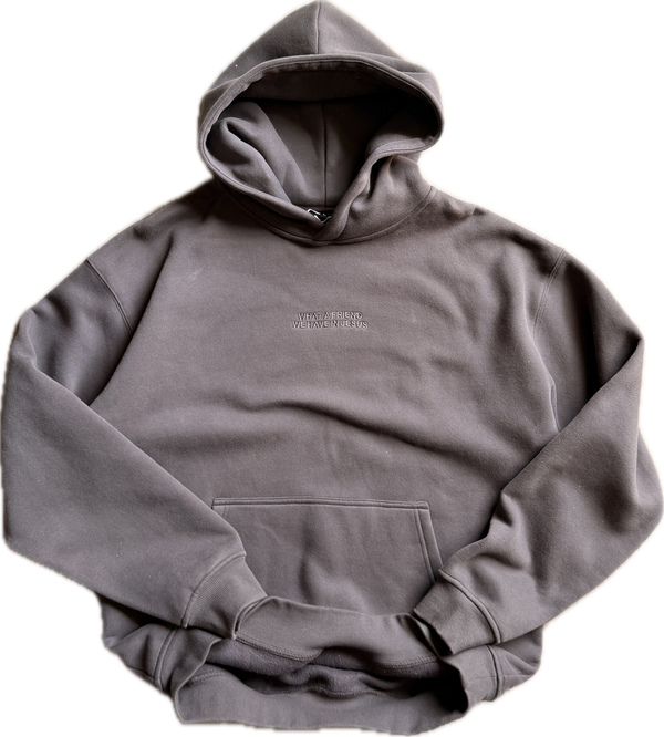 What a Friend Embroidered Christian Hoodie in Dark Gray