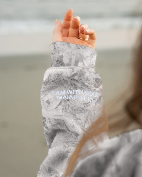 Light Green Camo | I AM WITH YOU Isaiah 41:10 sleeve embroidery in white, MJ is 5'9" wearing size L